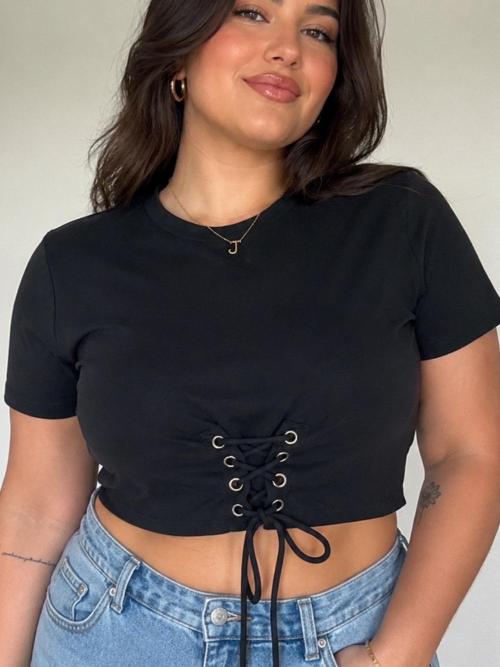 Fashion Nova Black Lace-Up Crop Tee